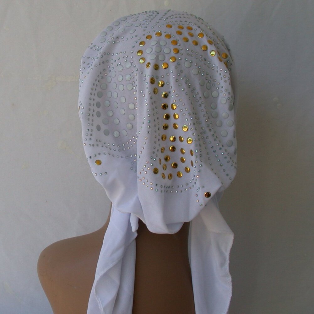 WHITE Pre-Tied Stud Chemo Cap Slip On Bonnet Hijab Undercap #3